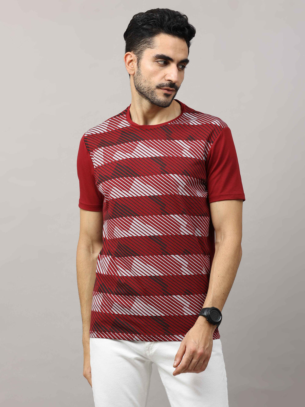 Men's Maroon Regular Fit Printed Half Sleeves Crew Neck T-Shirt
