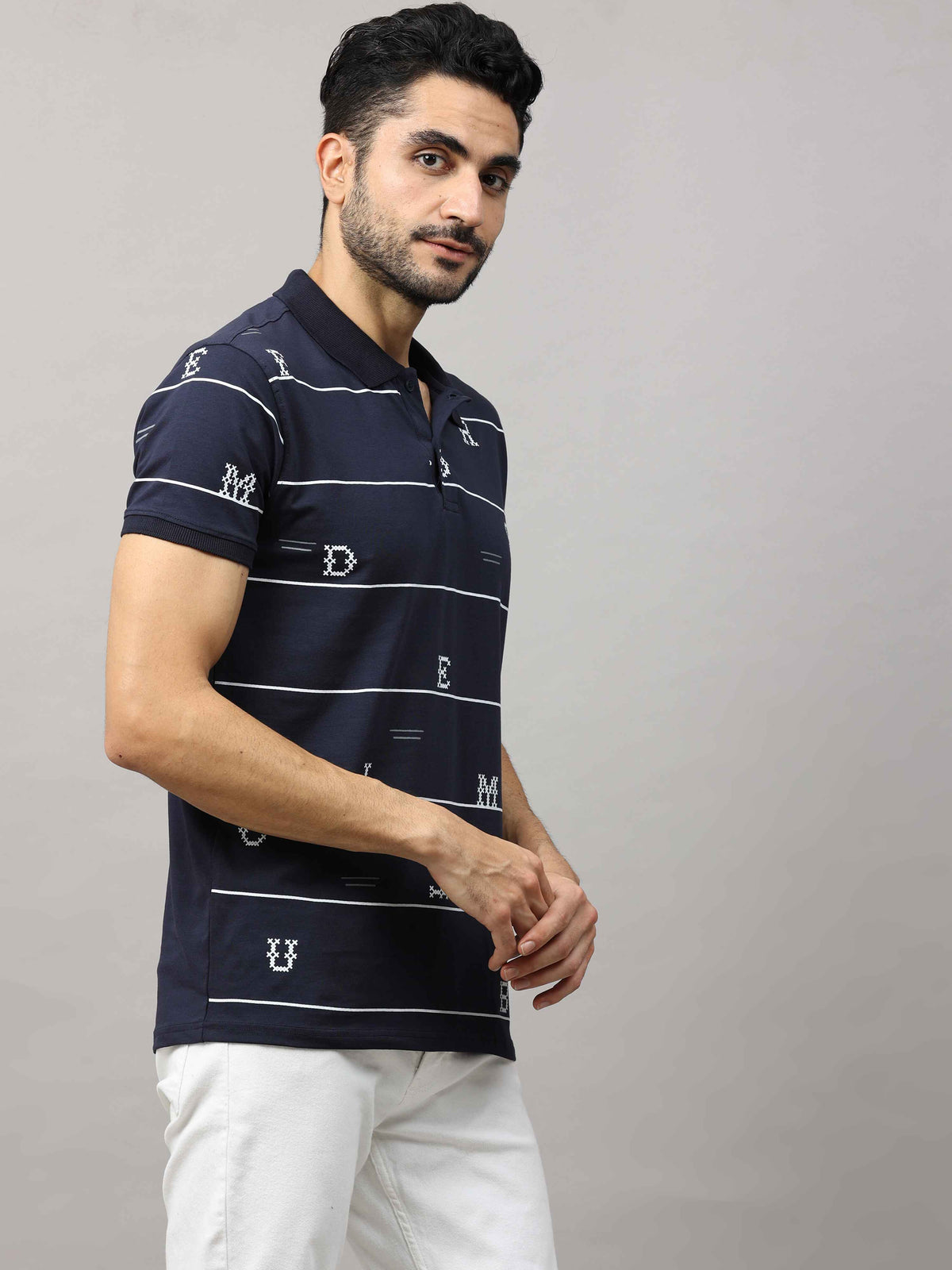 Men's Navy Regular Fit Printed Half Sleeves Polo Neck T-Shirt