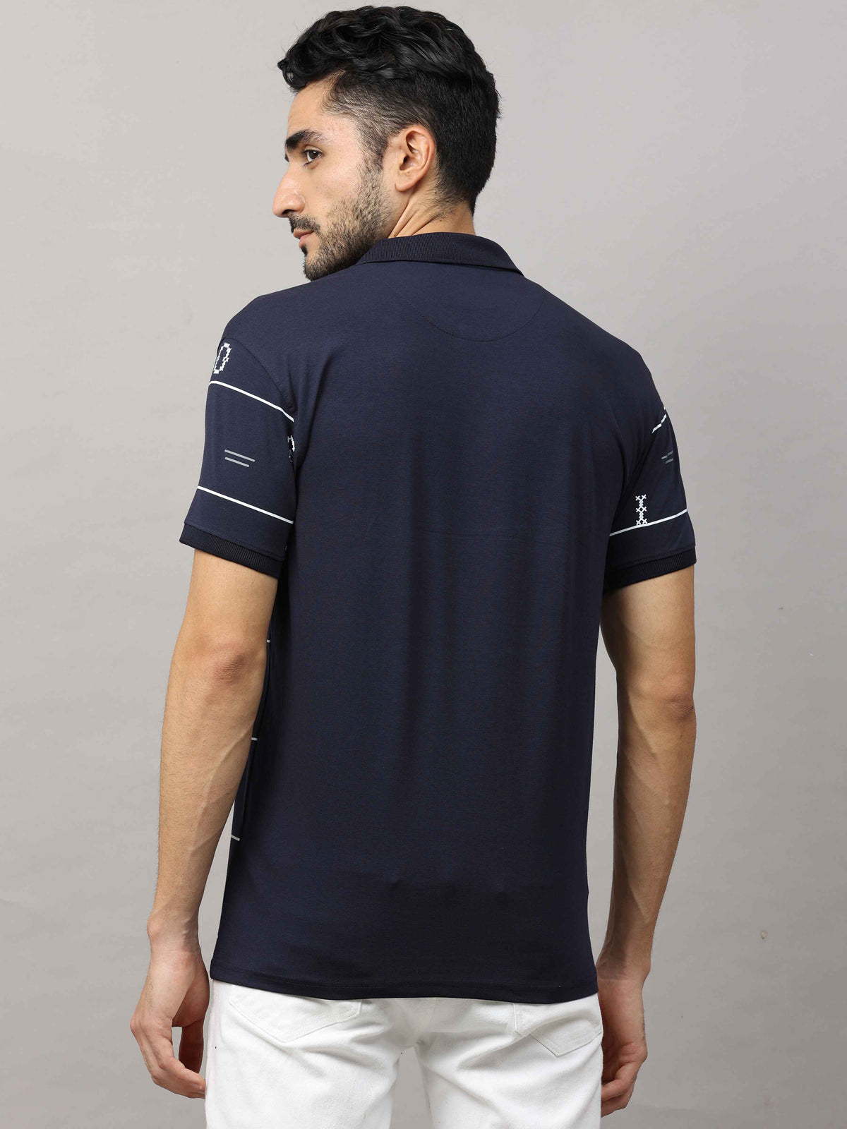 Men's Navy Regular Fit Printed Half Sleeves Polo Neck T-Shirt