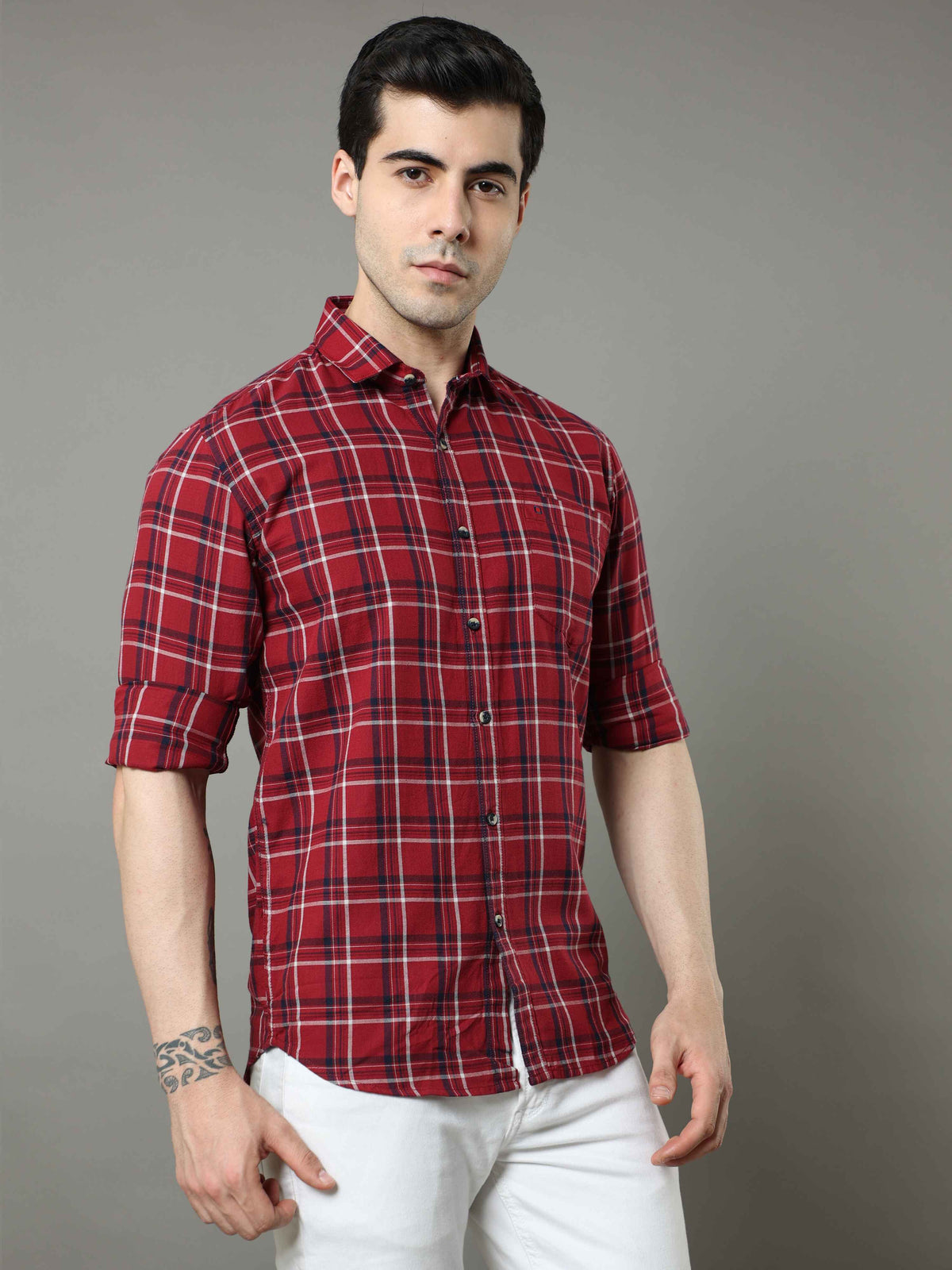 Men's Maroon Slim Fit Checks Full Sleeves Casual Shirts