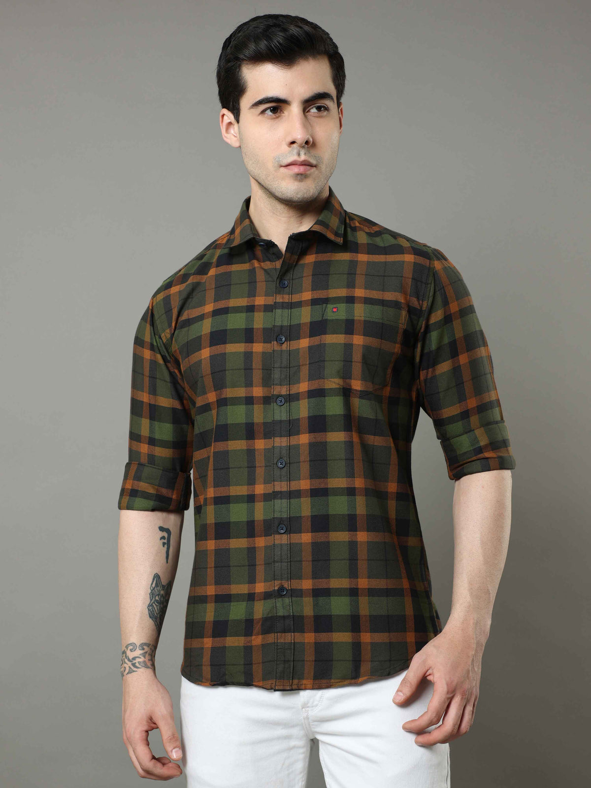 Men's Green Slim Fit Checks Full Sleeves Casual Shirts