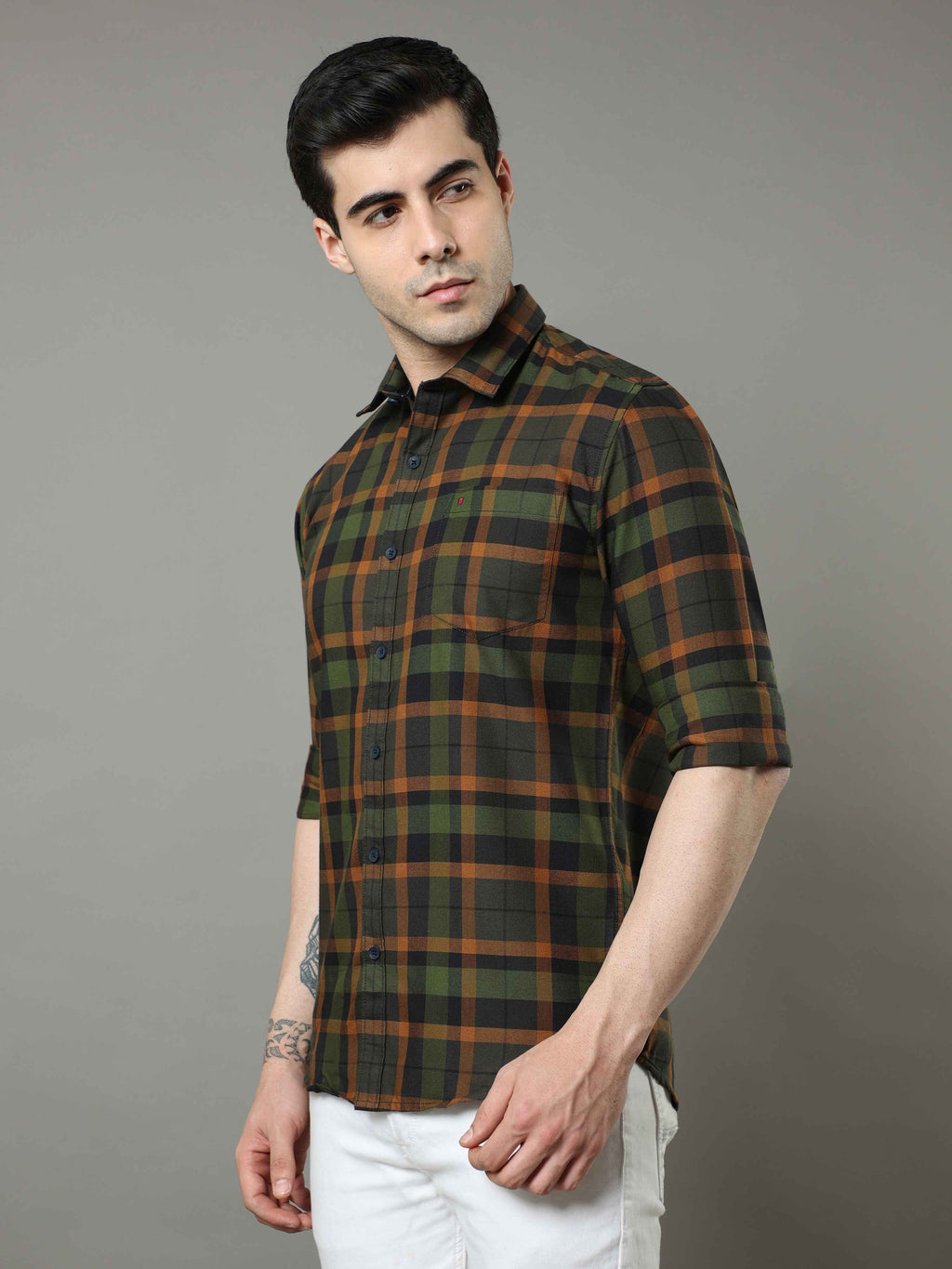 Men's Checked Green Regular Fit Button-Down Shirt