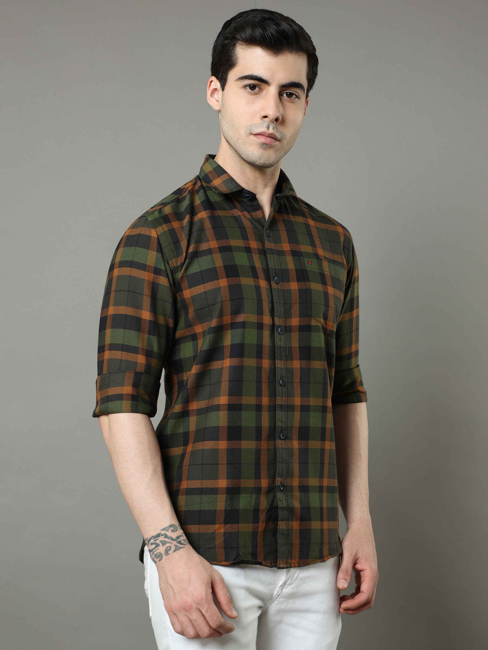 Men's Green Slim Fit Checks Full Sleeves Casual Shirts