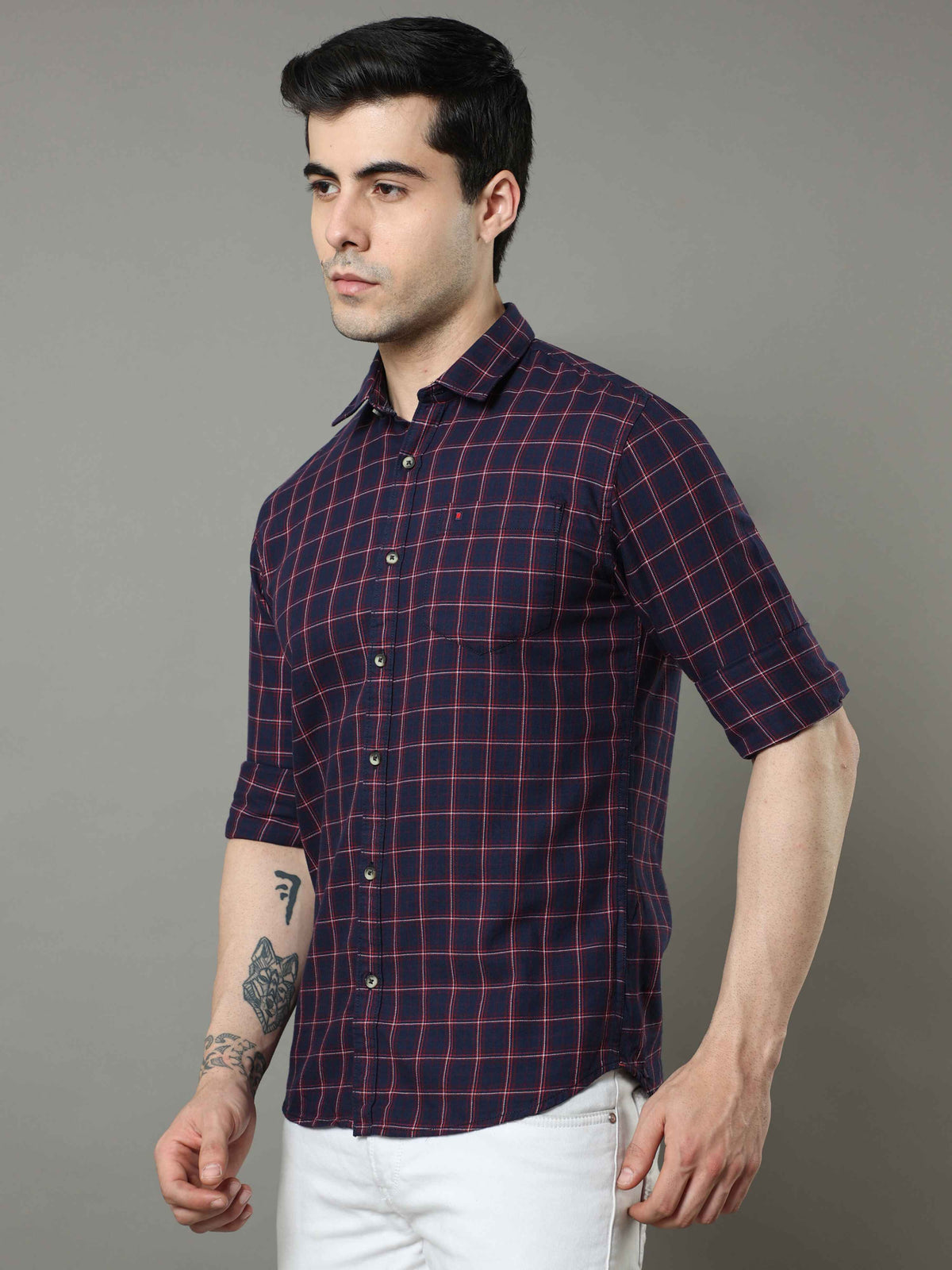 Men's Navy Red Slim Fit Checks Full Sleeves Casual Shirts