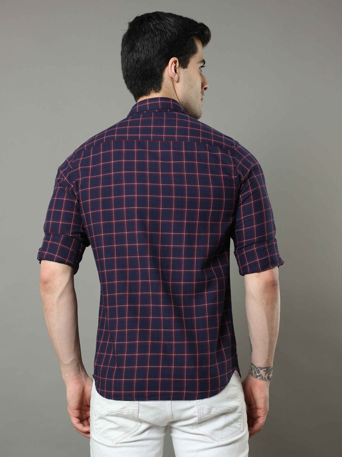 Men's Navy Red Slim Fit Checks Full Sleeves Casual Shirts