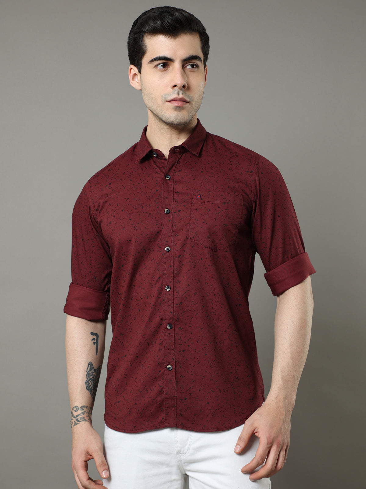 Men's Maroon Slim Fit Printed Full Sleeves Casual Shirts