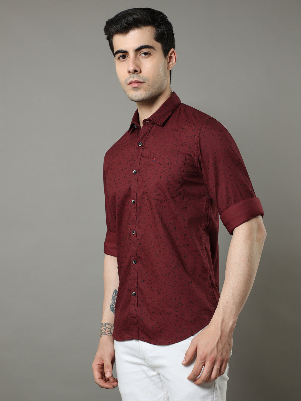 Men's Maroon Slim Fit Printed Full Sleeves Casual Shirts