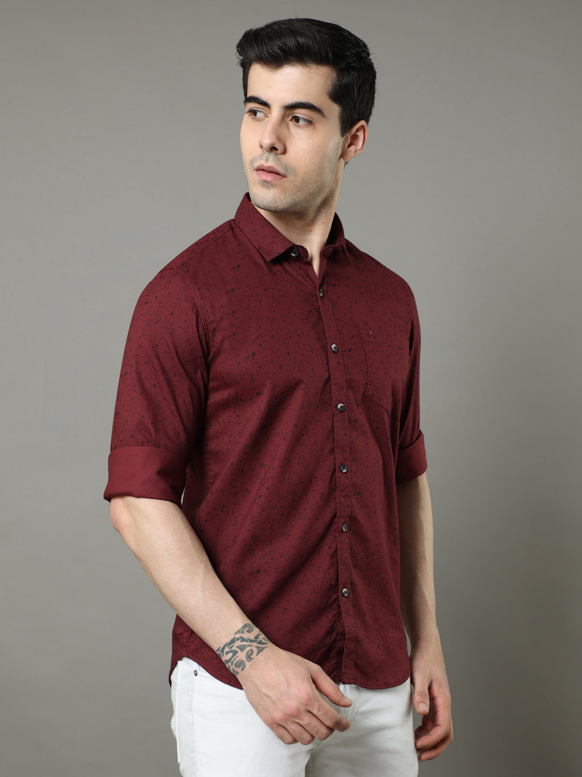 Men's Maroon Slim Fit Printed Full Sleeves Casual Shirts