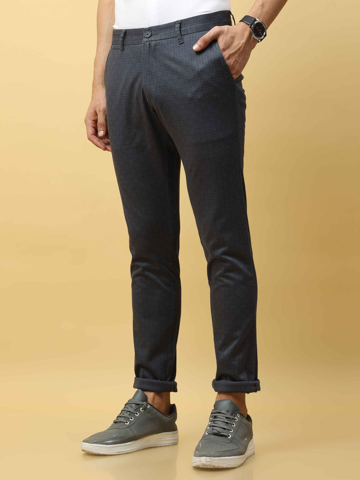 Men's Blue Narrow Fit Dobby Printed Casual Trouser
