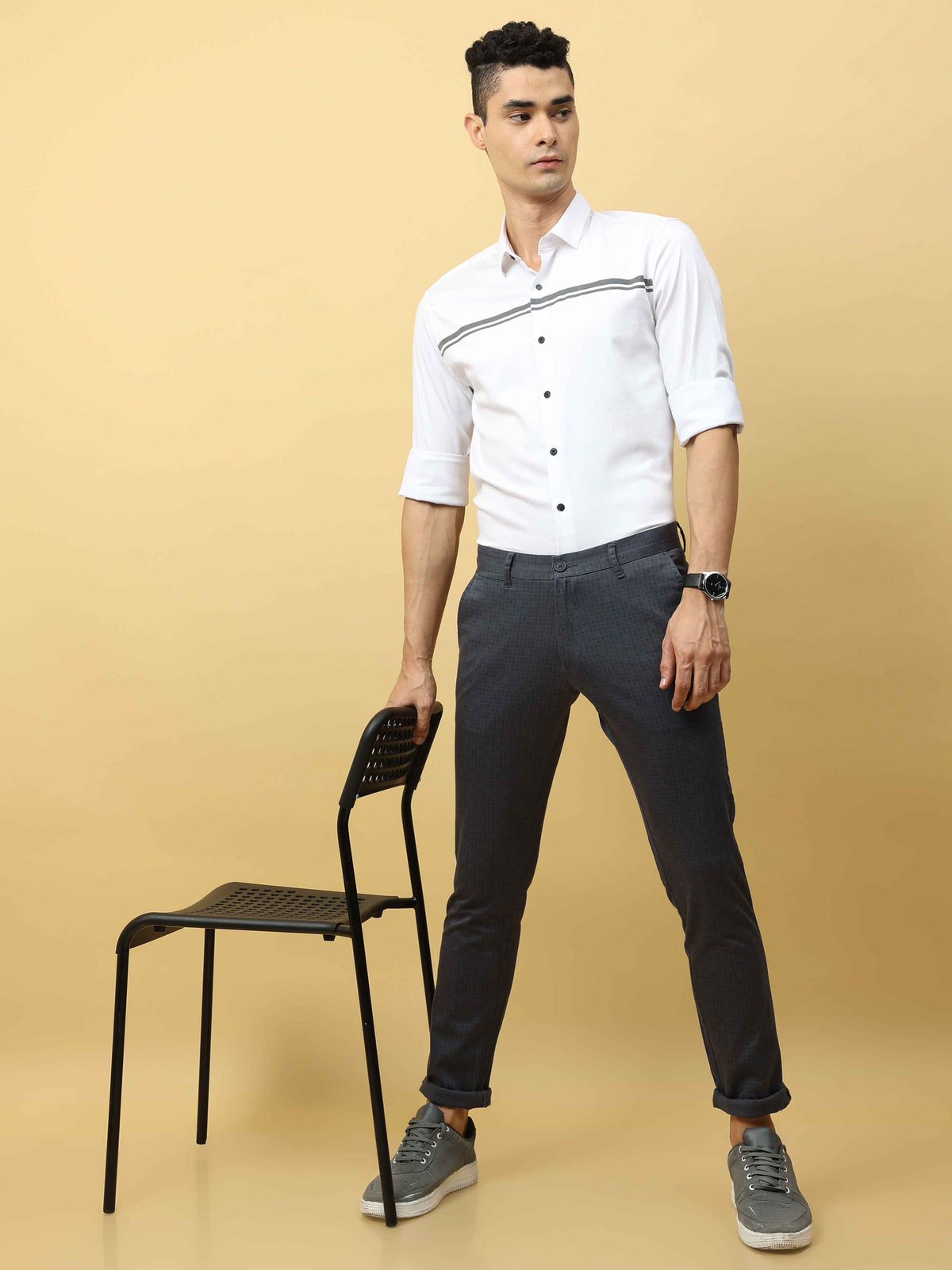 Men's Blue Narrow Fit Dobby Printed Casual Trouser