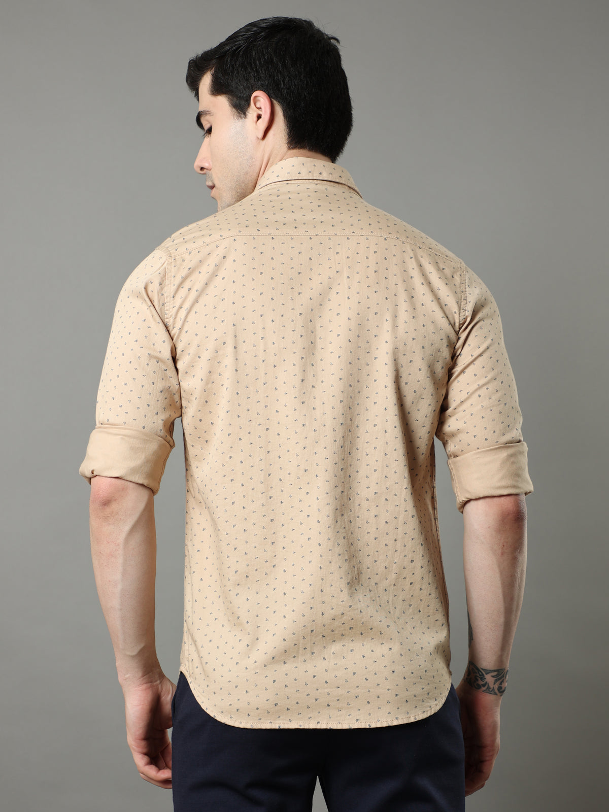 Men's Beige Slim Fit Printed Full Sleeves Casual Shirts