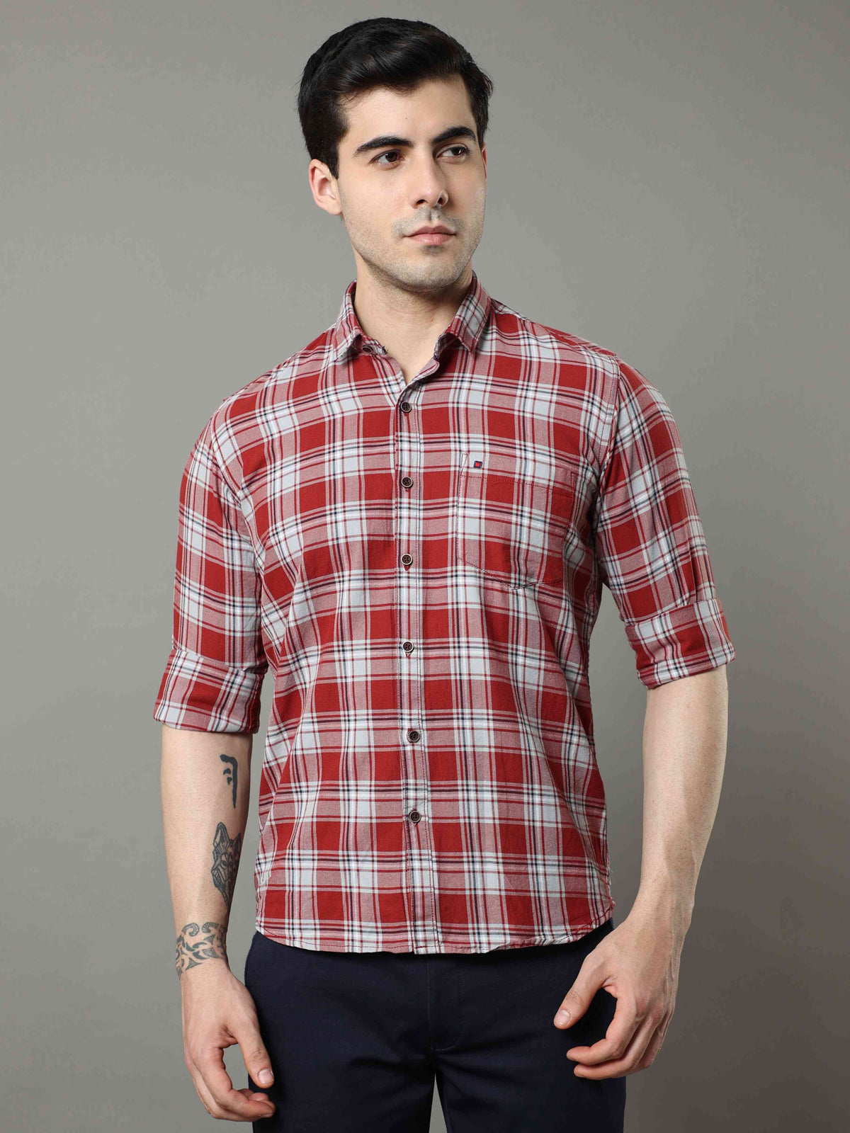 Men's Maroon Slim Fit Checks Full Sleeves Casual Shirts