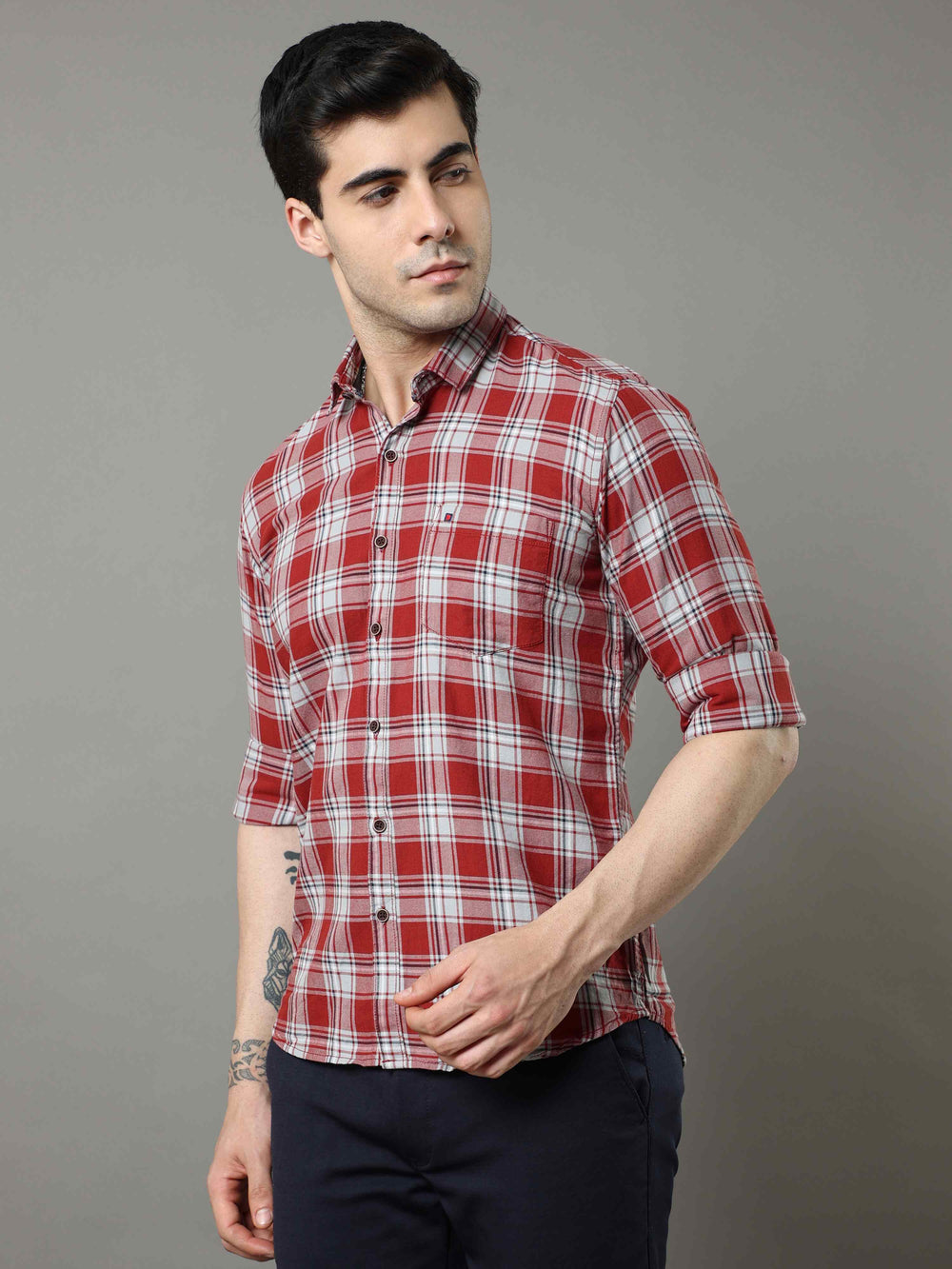 Men's Maroon Slim Fit Checks Full Sleeves Casual Shirts