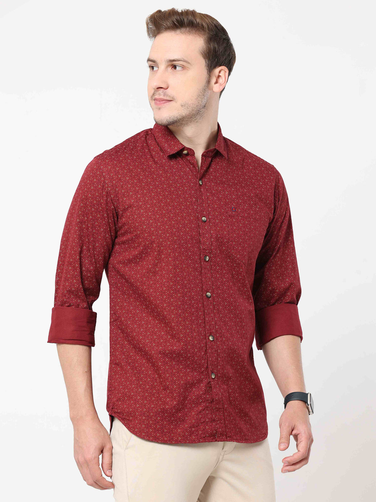 Men's Maroon Slim Fit Printed Full Sleeves Casual Shirts