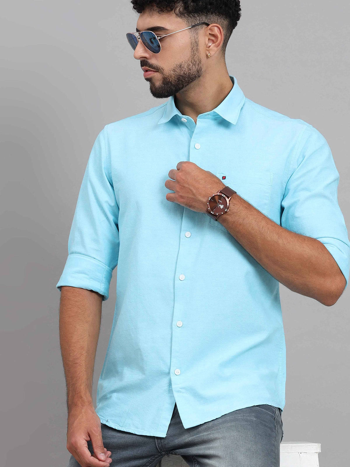 Men's Sky Blue Slim Fit Solid Full Sleeves Casual Shirts