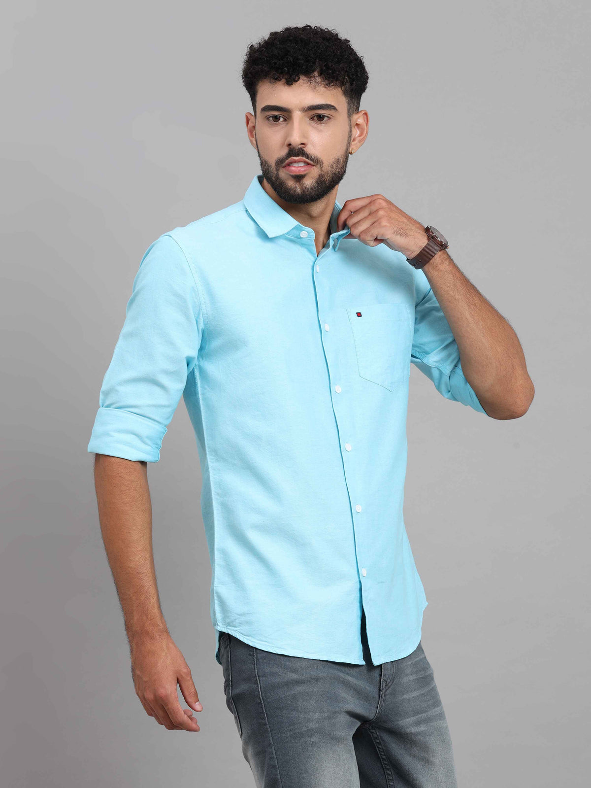 Men's Sky Blue Slim Fit Solid Full Sleeves Casual Shirts