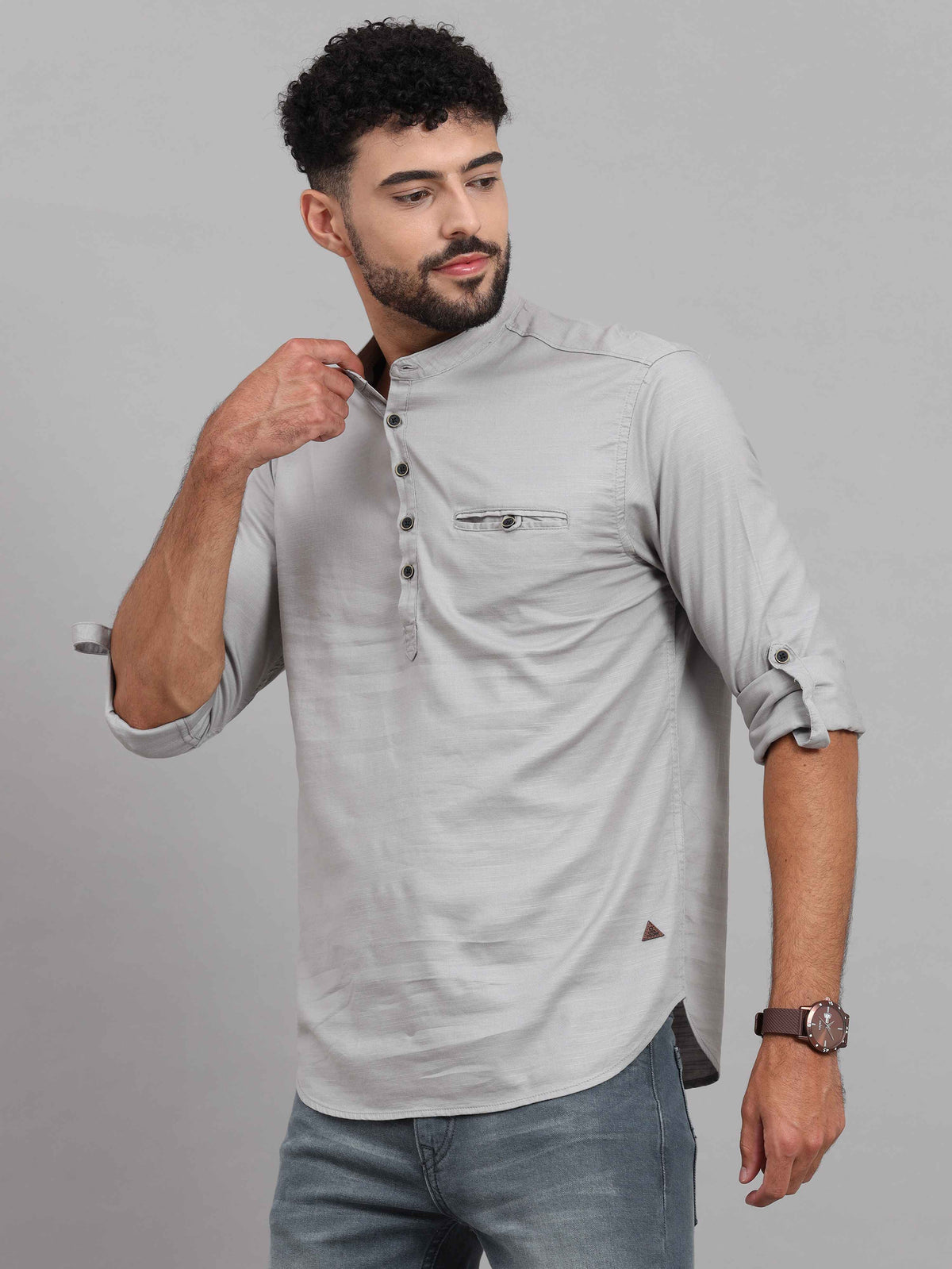 Men's Grey Slim Fit Solid Full Sleeves Linen Casual Kurta Shirts