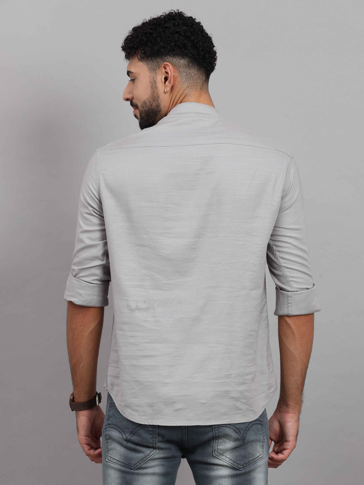 Men's Grey Slim Fit Solid Full Sleeves Linen Casual Kurta Shirts