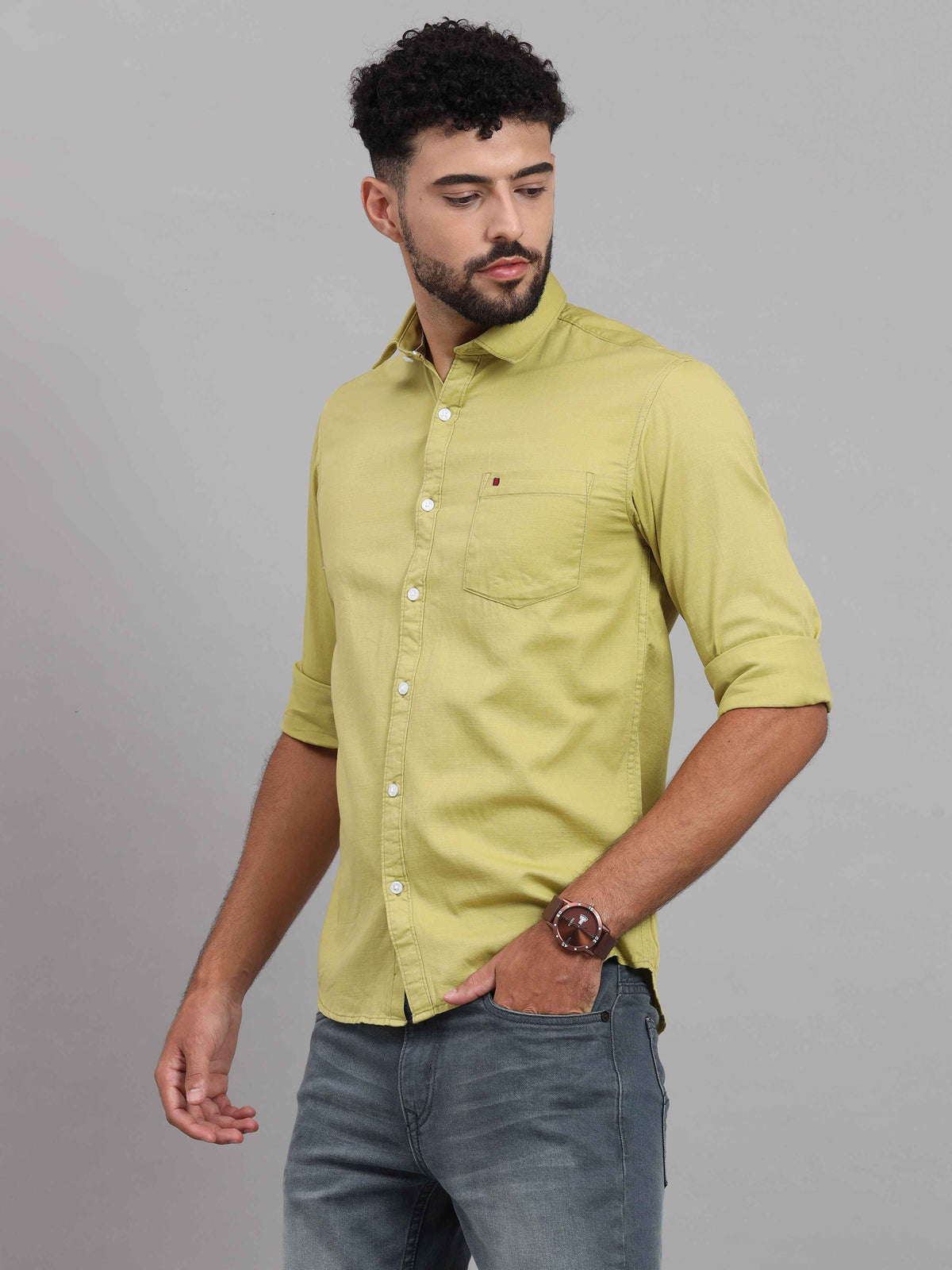Men's Chartreuse Green Slim Fit Solid Full Sleeves Casual Shirts