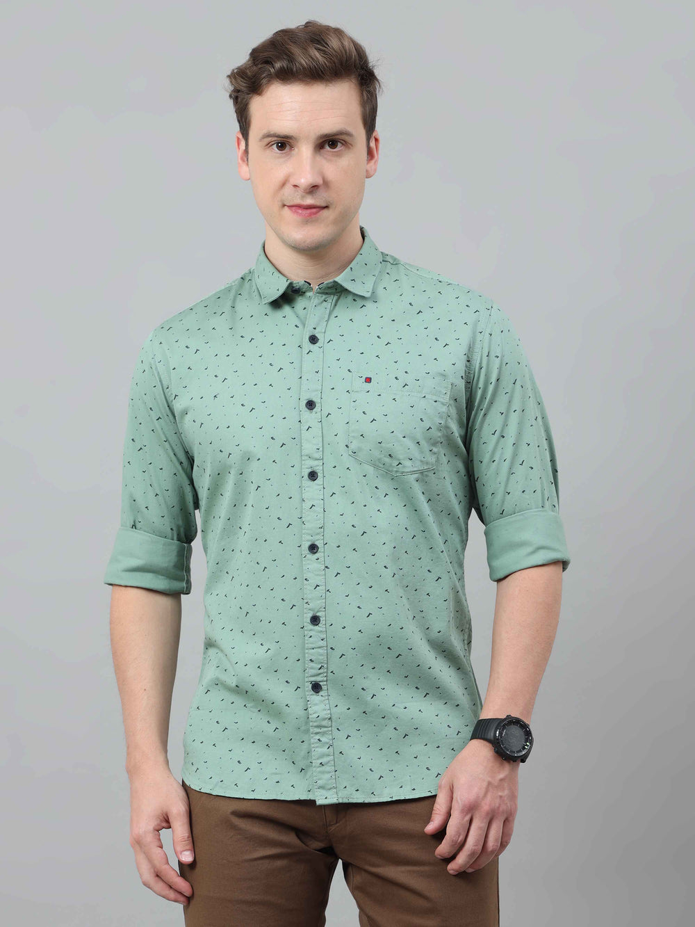 Men's Light Green Slim Fit Printed Full Sleeves Casual Shirts