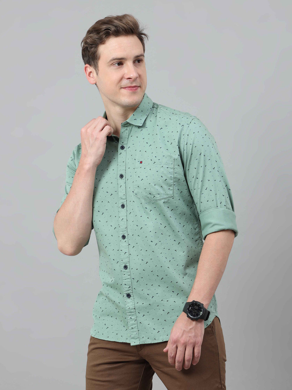 Men's Light Green Slim Fit Printed Full Sleeves Casual Shirts