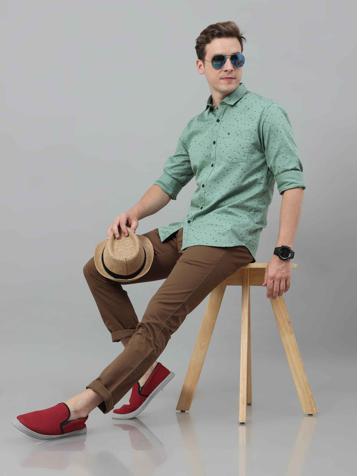Men's Light Green Slim Fit Printed Full Sleeves Casual Shirts