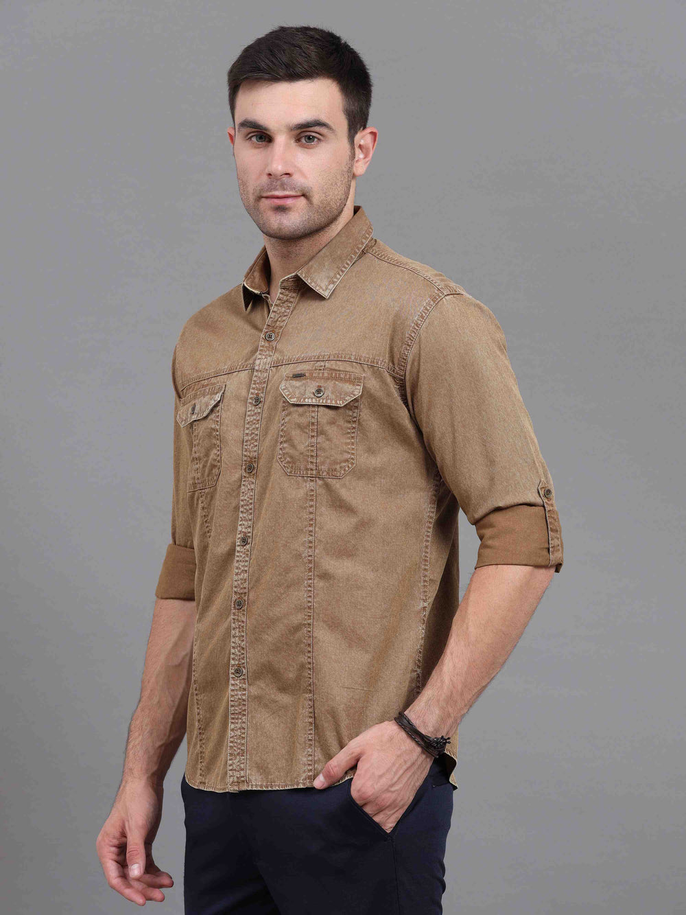 Men's Brown Slim Fit Full Sleeves Denim Casual Shirts
