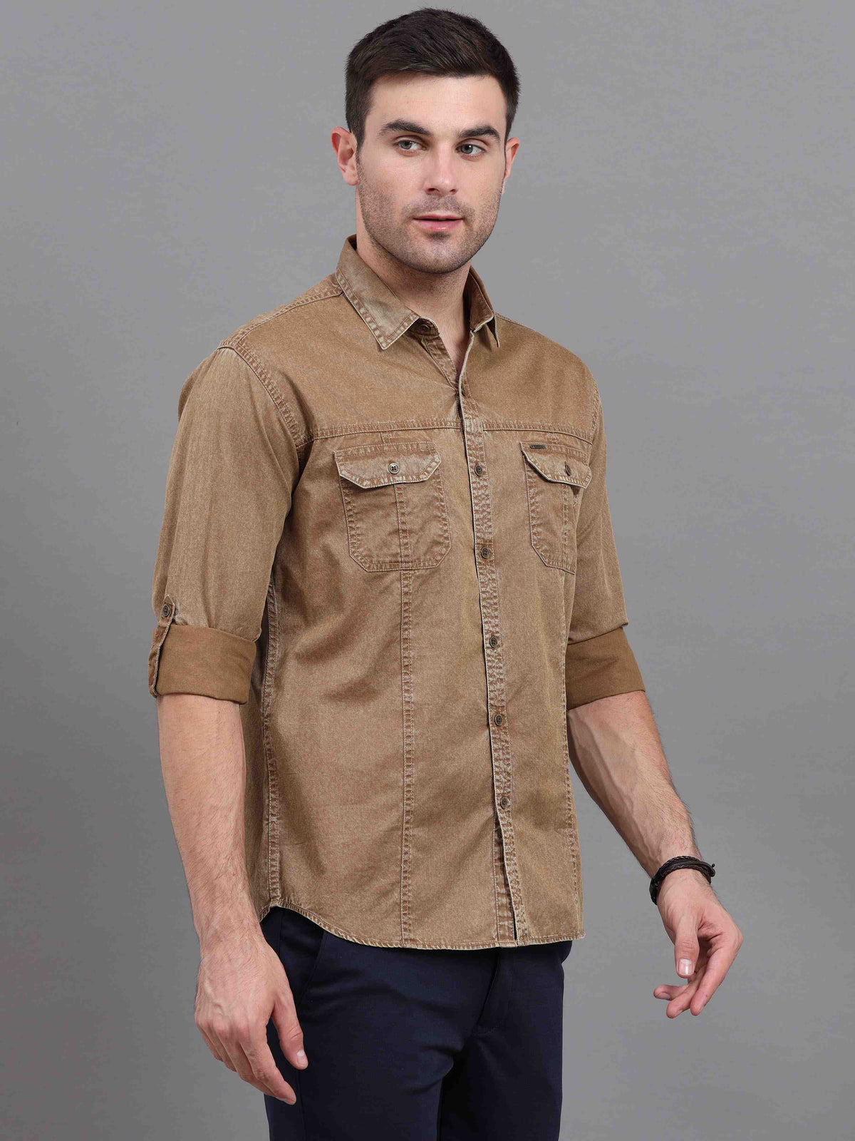 Men's Brown Slim Fit Full Sleeves Denim Casual Shirts