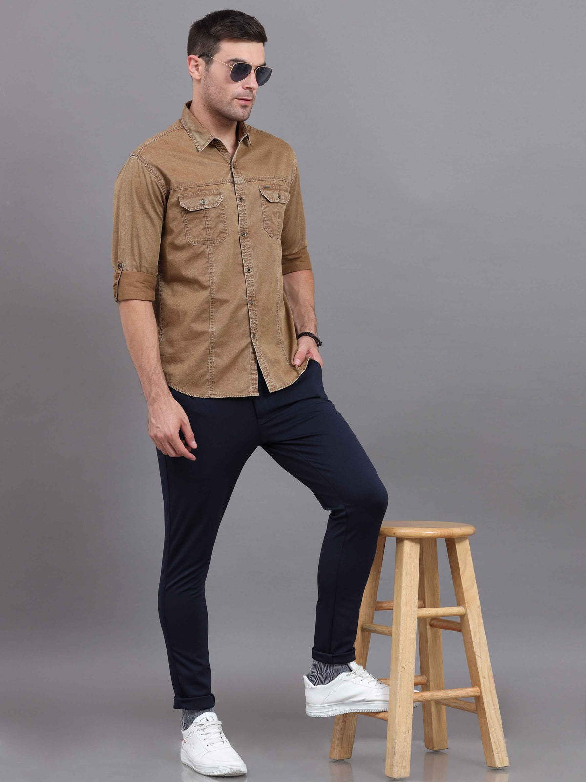 Men's Brown Slim Fit Full Sleeves Denim Casual Shirts