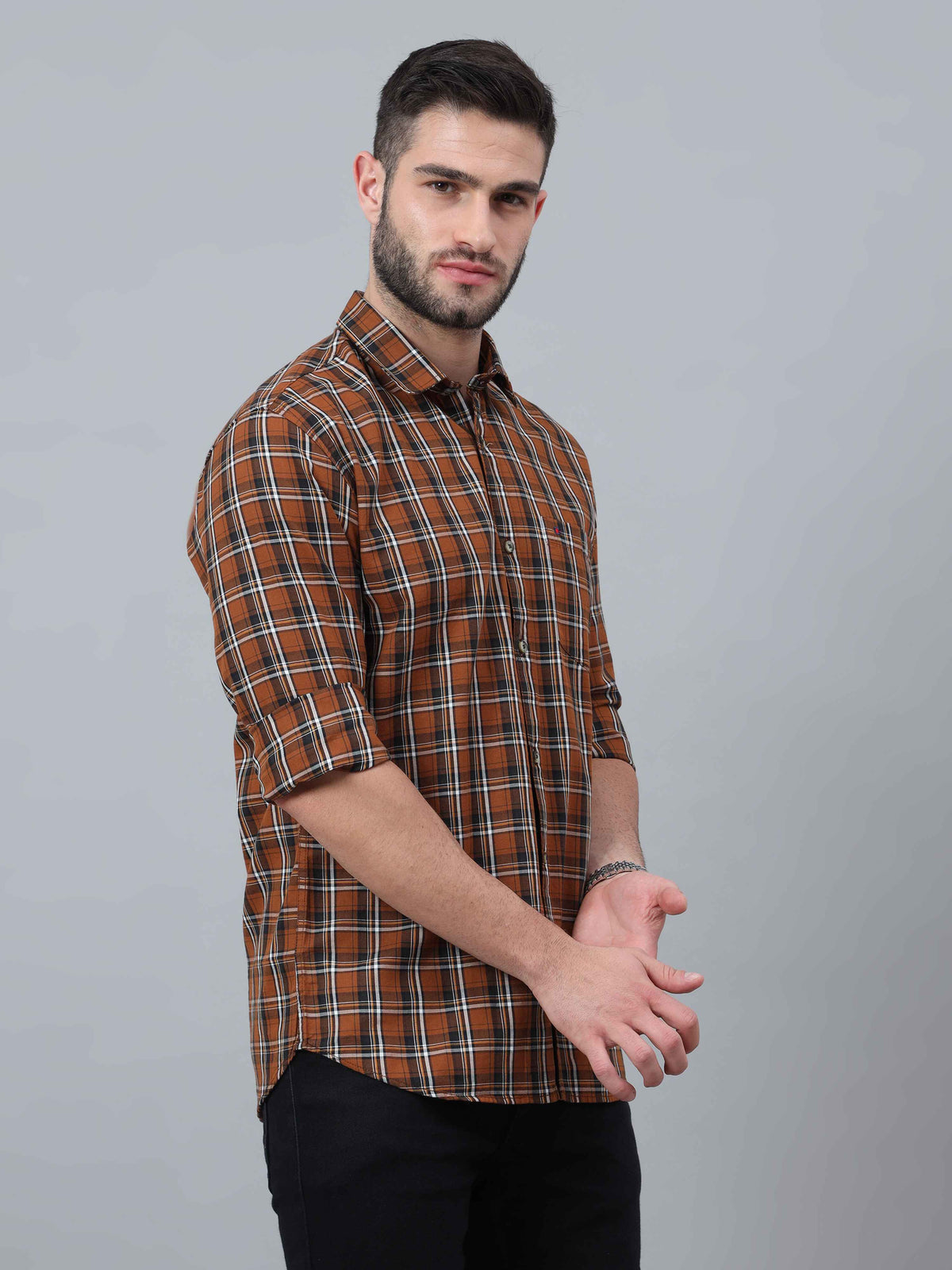 Men's Brown Slim Fit Checks Full Sleeves Casual Shirts