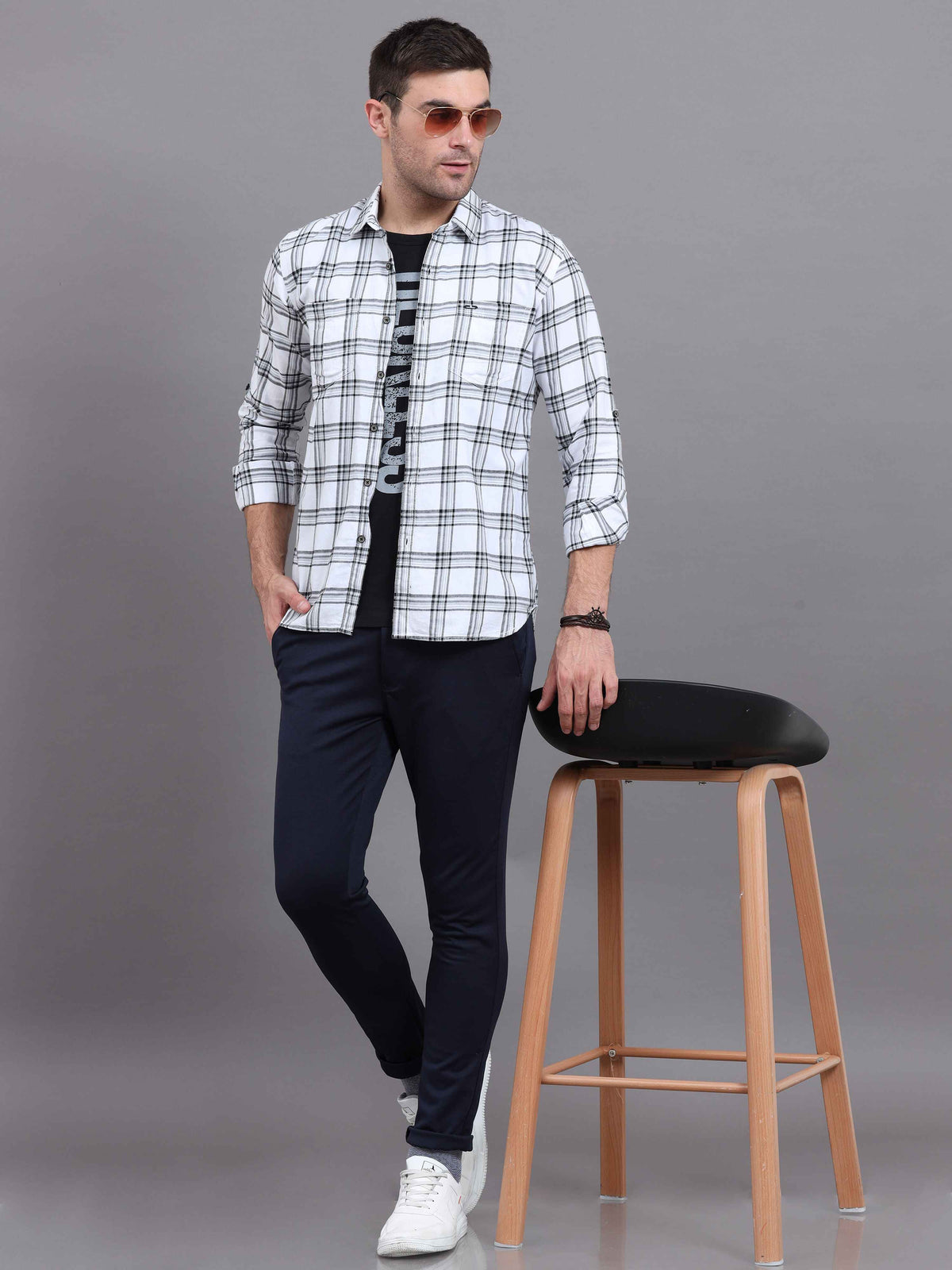 Men's White Slim Fit Checks Full Sleeves Casual Shirts With Inside Attached T-shirt