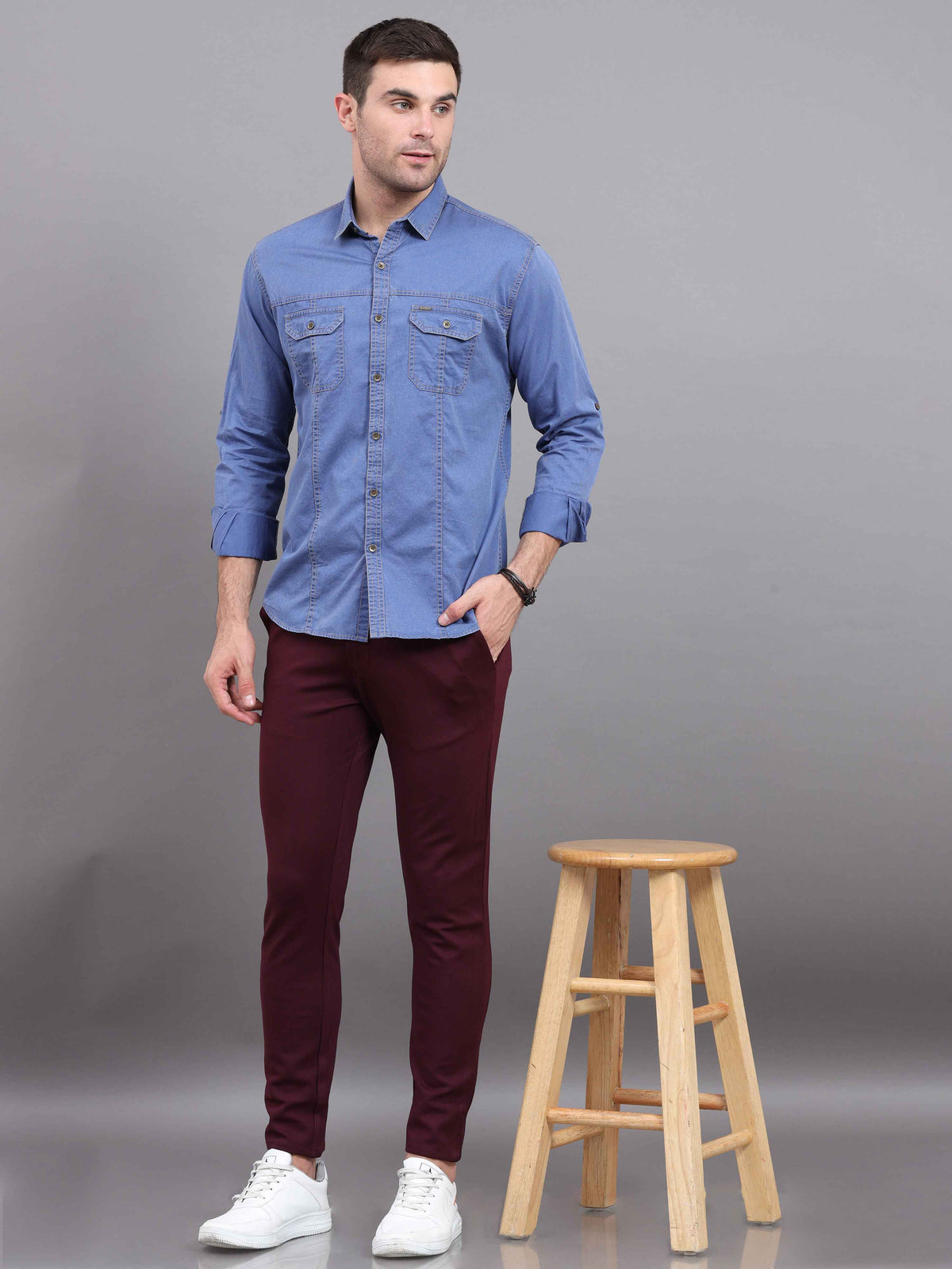 Men's Sky Blue Slim Fit Full Sleeves Denim Casual Shirts