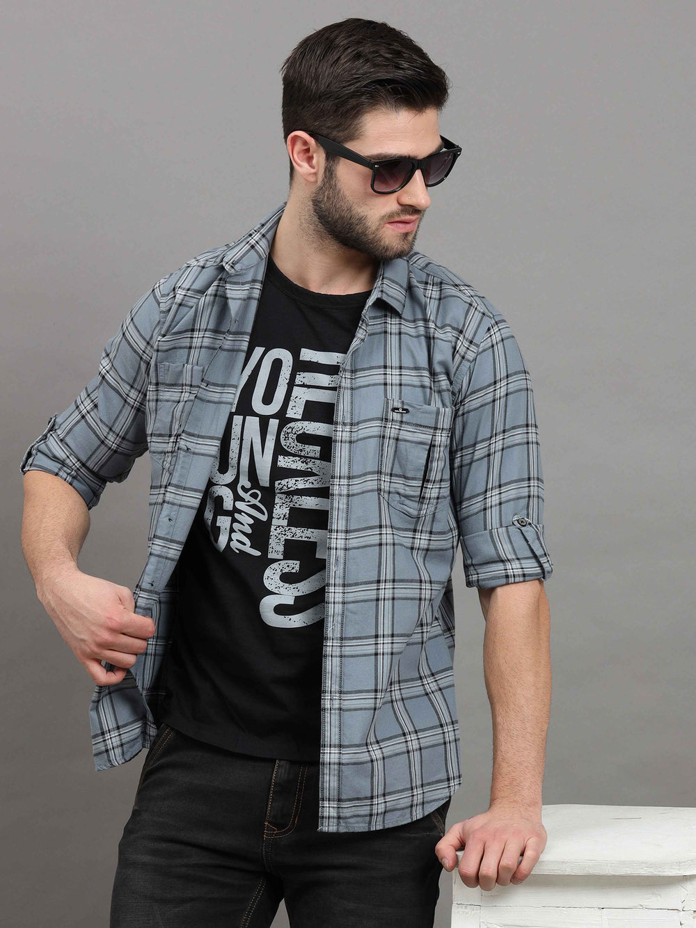 Men's Grey Slim Fit Checks Full Sleeves Casual Shirts With Inside Attached T-shirt