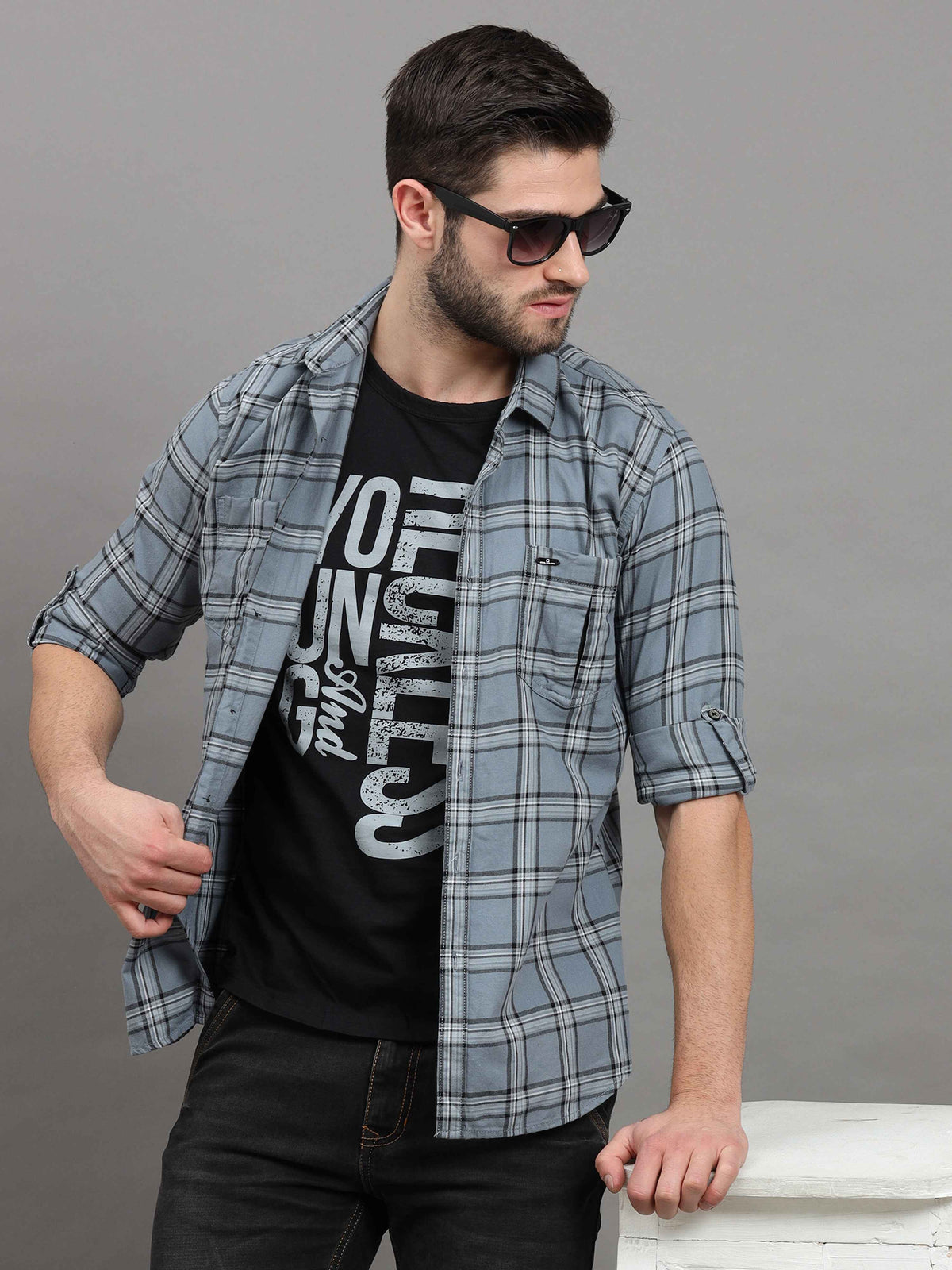 Men's Grey Slim Fit Checks Full Sleeves Casual Shirts With Inside Attached T-shirt