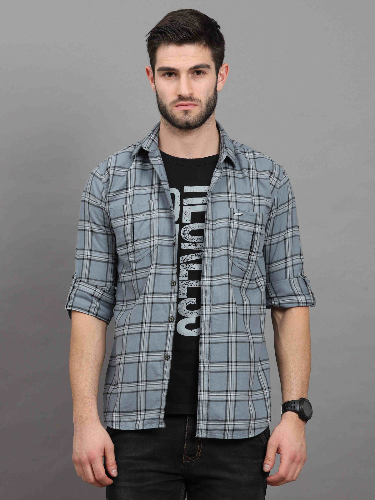 Men's Grey Slim Fit Checks Full Sleeves Casual Shirts With Inside Attached T-shirt