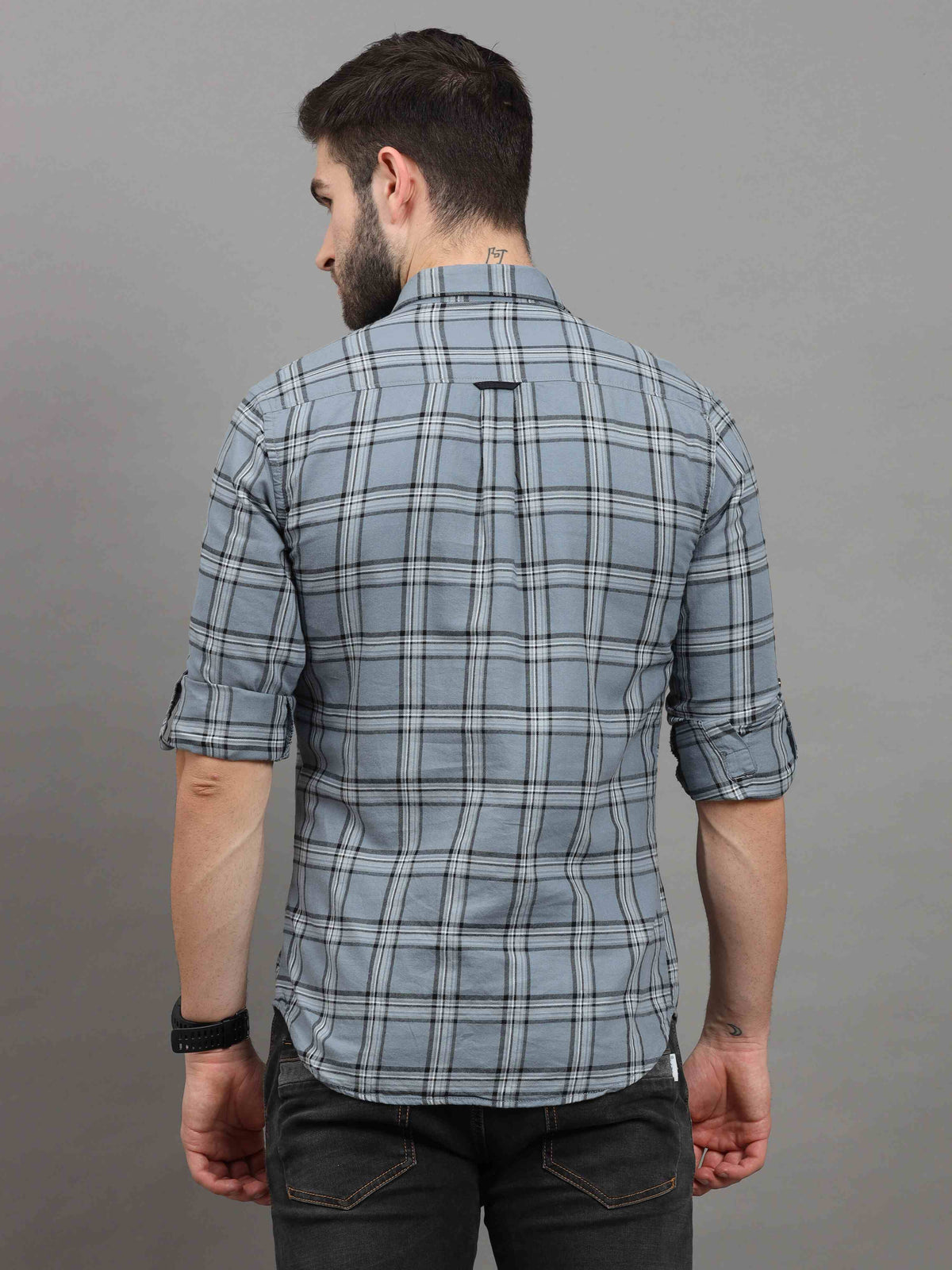 Men's Grey Slim Fit Checks Full Sleeves Casual Shirts With Inside Attached T-shirt