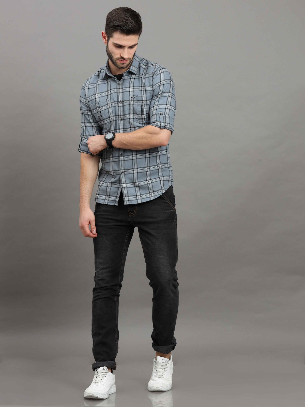 Men's Grey Slim Fit Checks Full Sleeves Casual Shirts With Inside Attached T-shirt