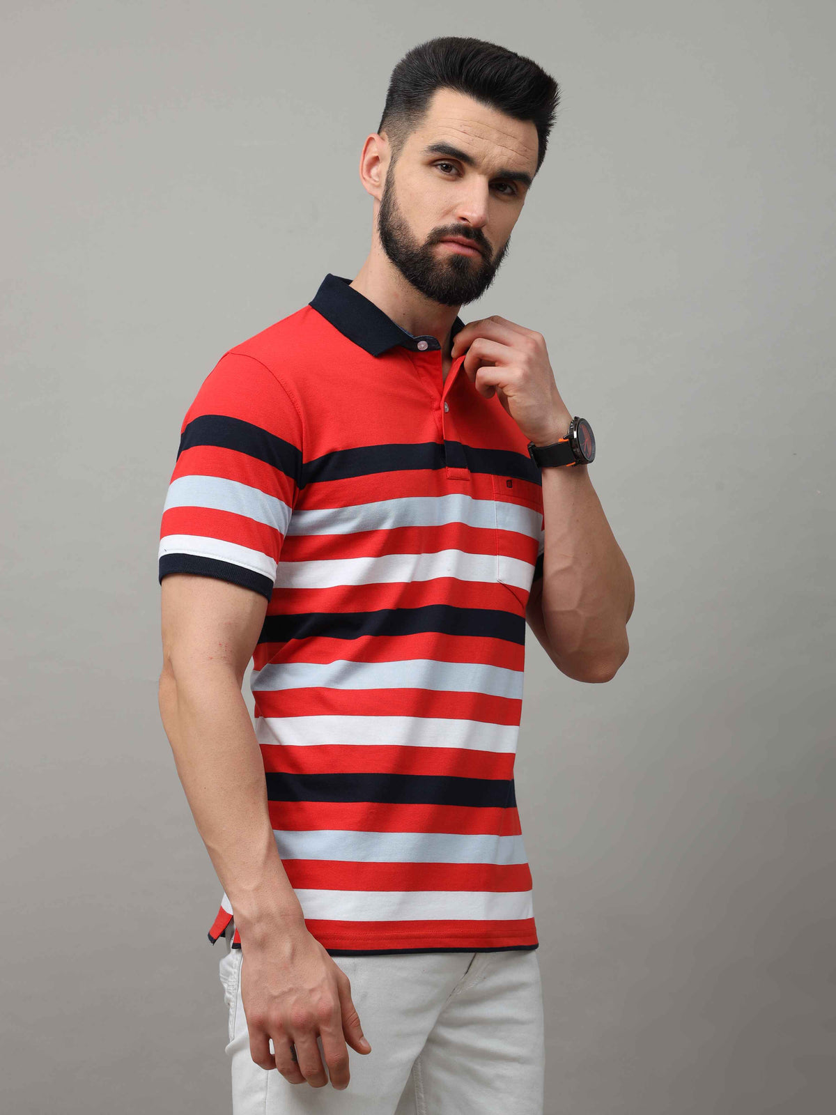 Men's Red White Regular Fit Stripes Half Sleeves Polo Neck T-Shirt