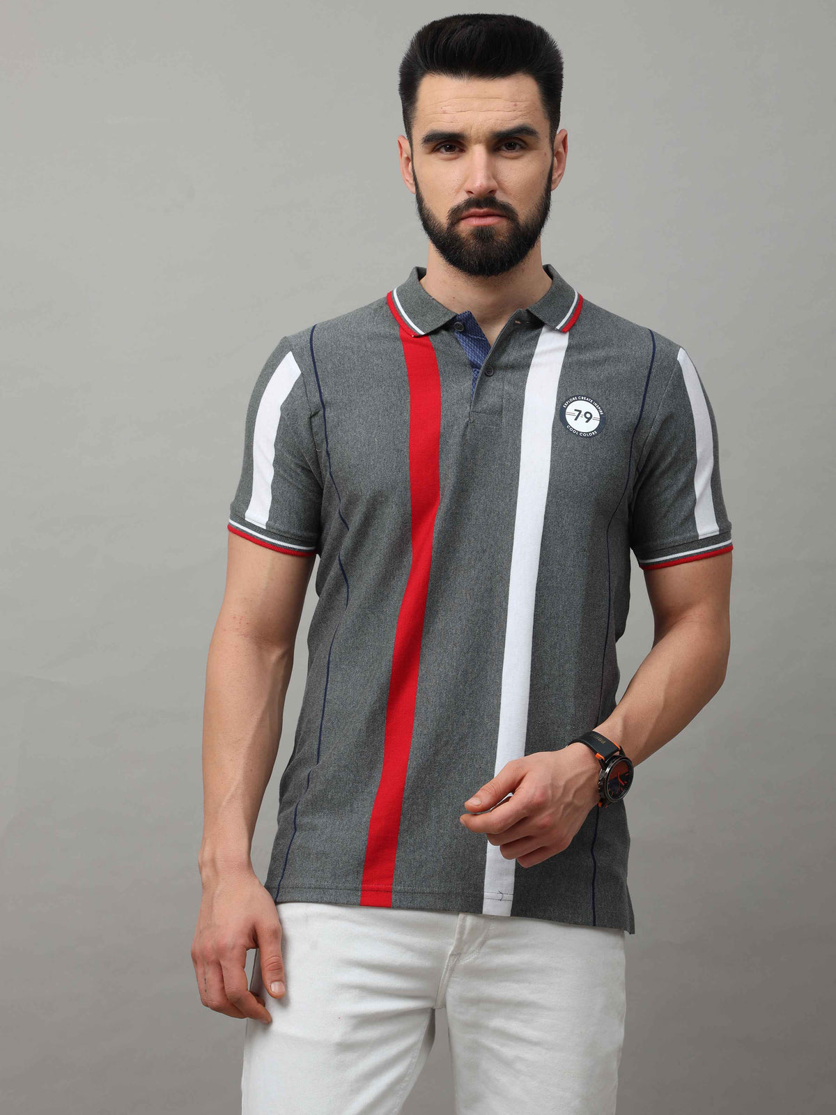 Men's Grey Regular Fit Stripes Half Sleeves Polo Neck T-Shirt