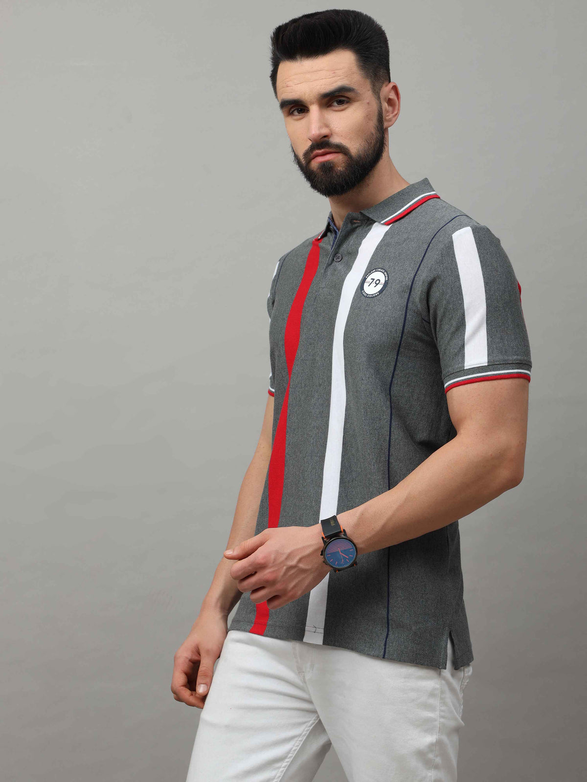 Men's Grey Regular Fit Stripes Half Sleeves Polo Neck T-Shirt