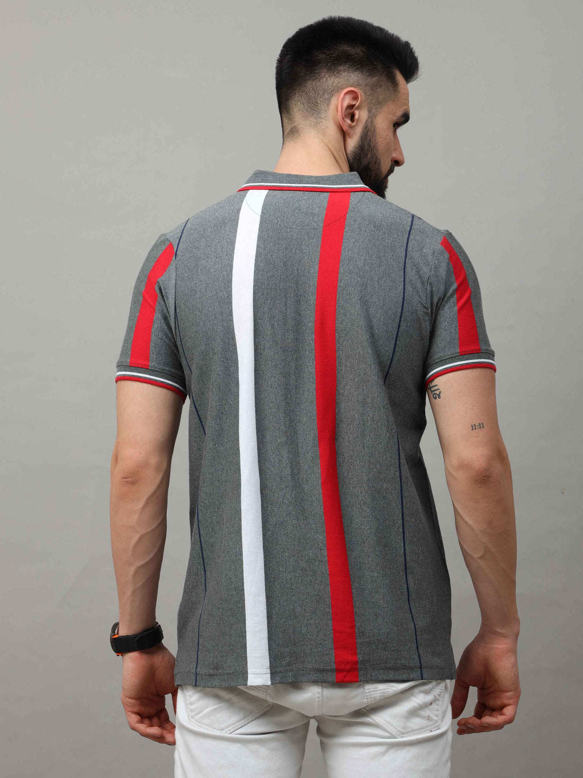 Men's Grey Regular Fit Stripes Half Sleeves Polo Neck T-Shirt