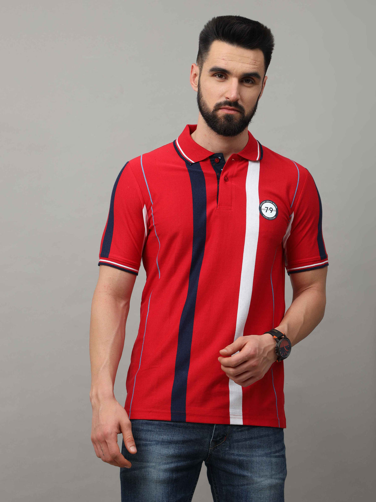 Men's Red Regular Fit Stripes Half Sleeves Polo Neck T-Shirt