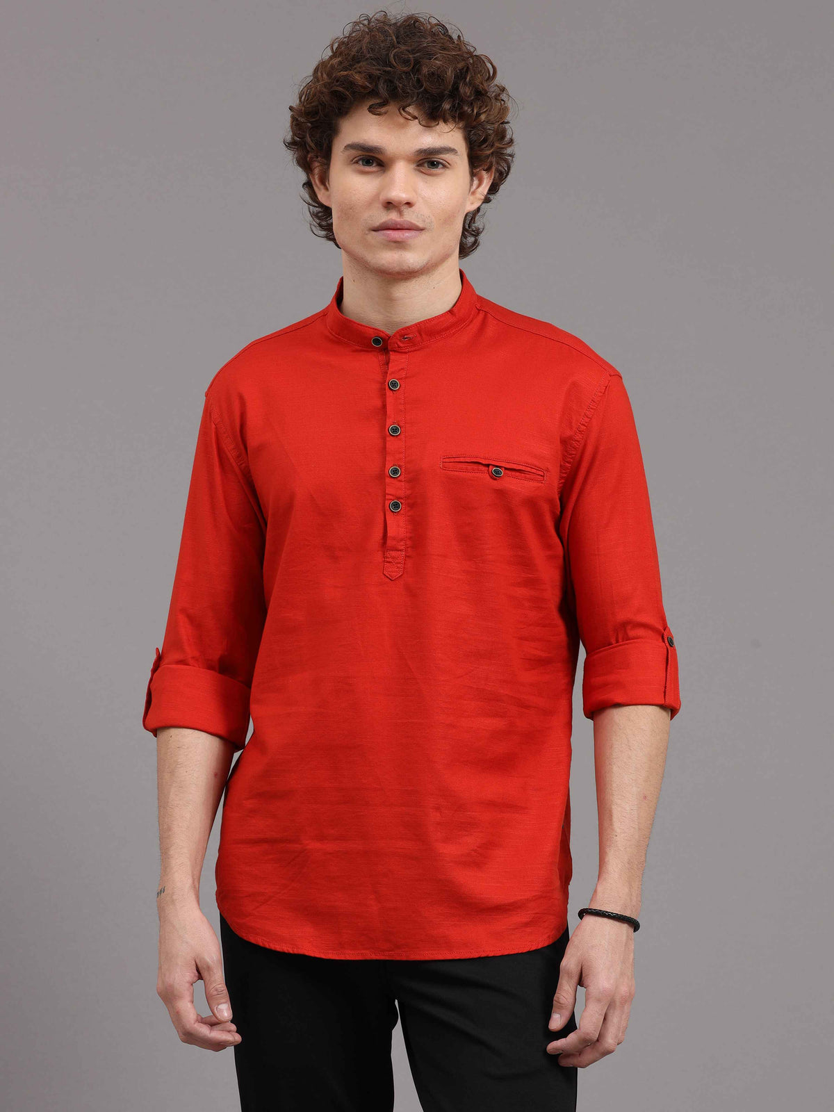 Men's Red Slim Fit Solid Full Sleeves Linen Casual Kurta Shirts