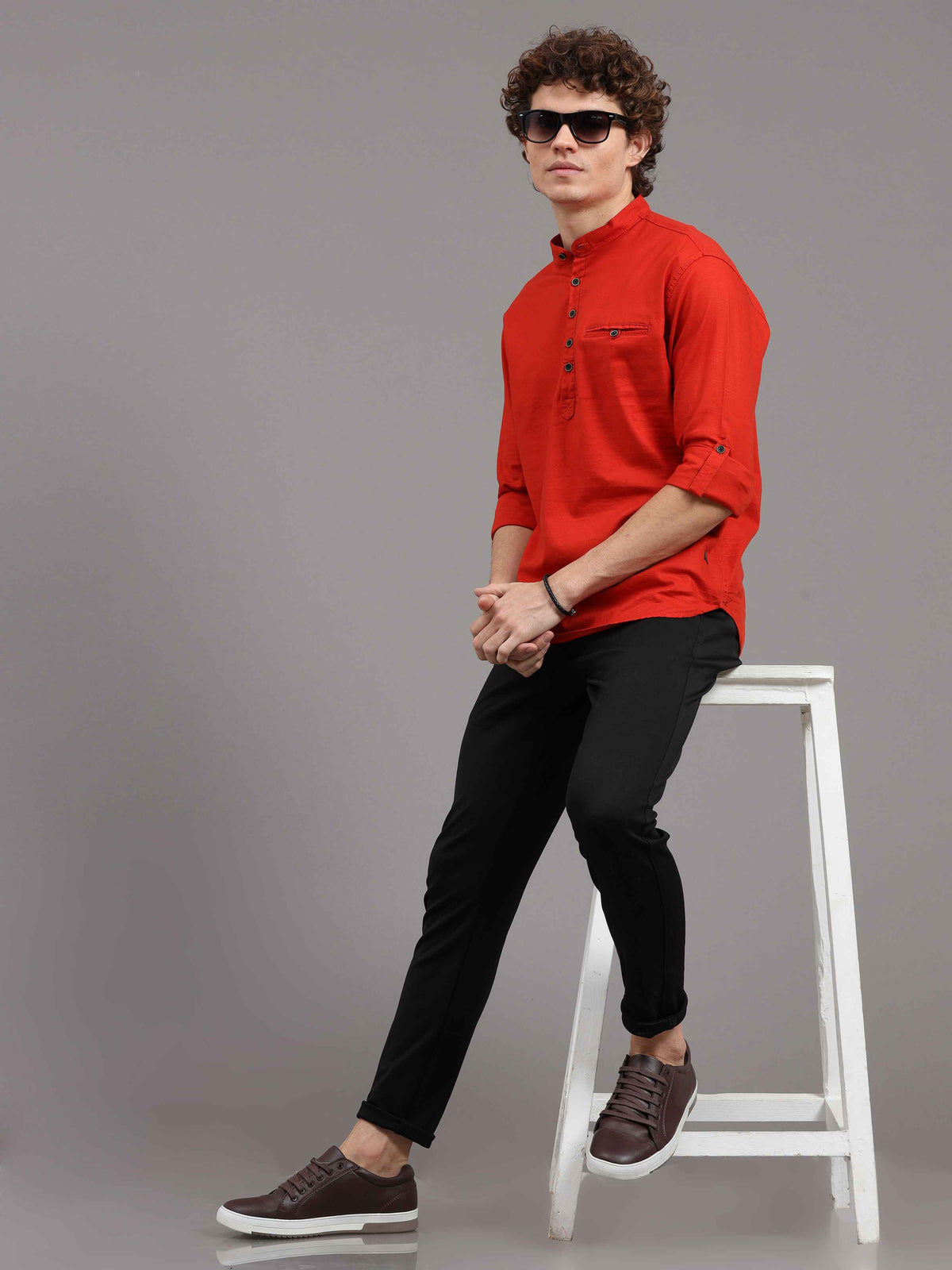 Men's Red Slim Fit Solid Full Sleeves Linen Casual Kurta Shirts