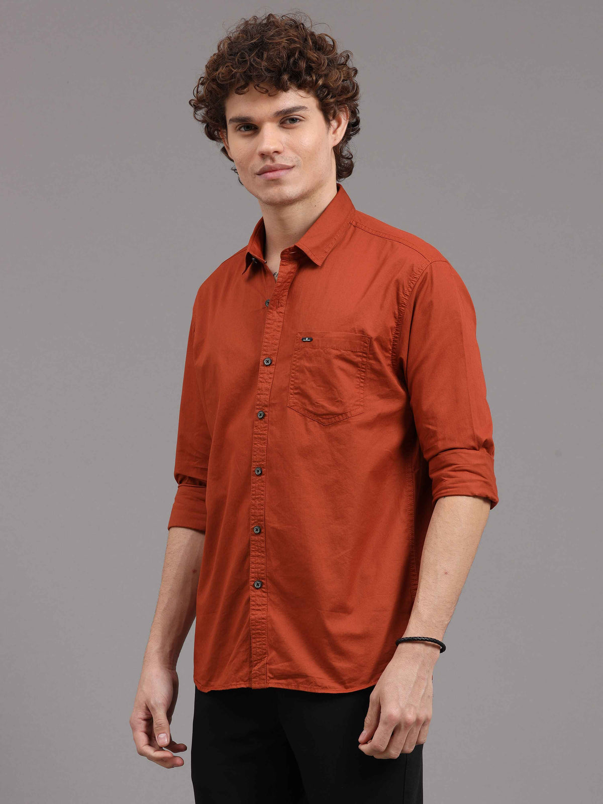 Men's Orange Slim Fit Solid Full Sleeves Casual Shirts