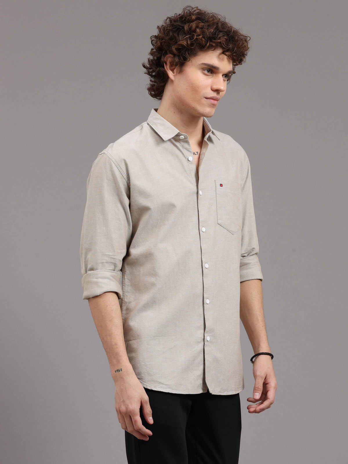 Men's Khaki Slim Fit Solid Full Sleeves Casual Shirts