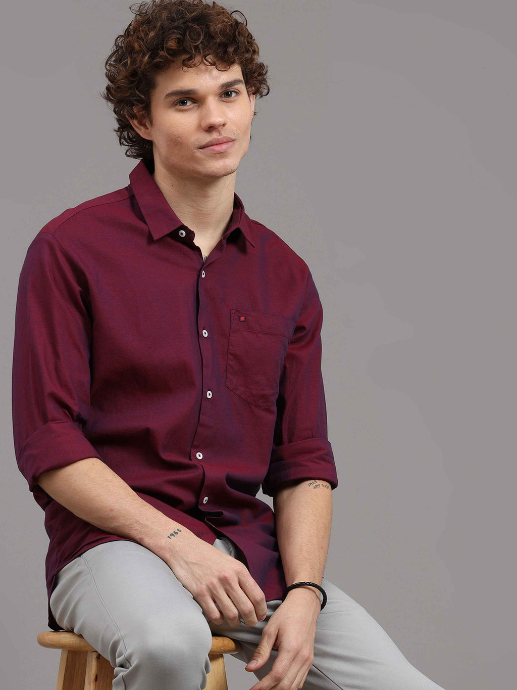 White Blue Burgundy Black Pink Men's Long Sleeves Classic Solid Colour Shirt