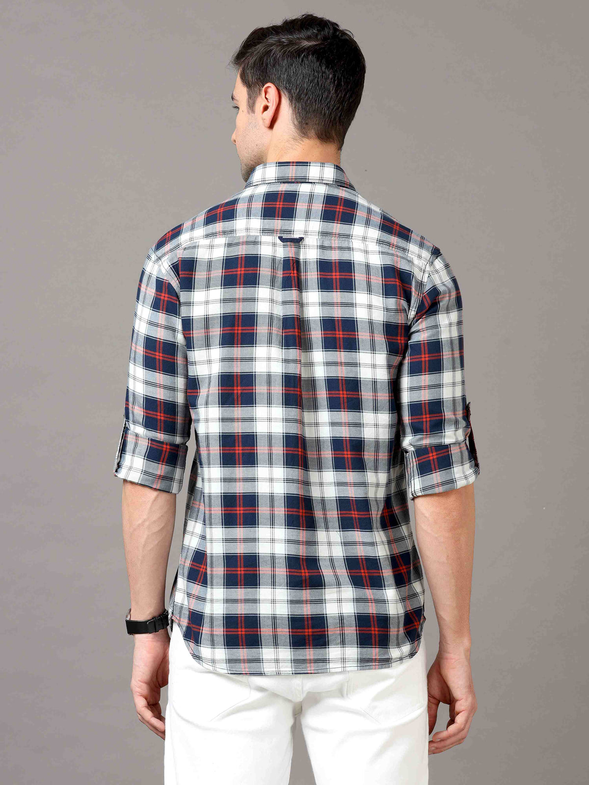 Men's White Red Slim Fit Checks Full Sleeves Casual Shirts