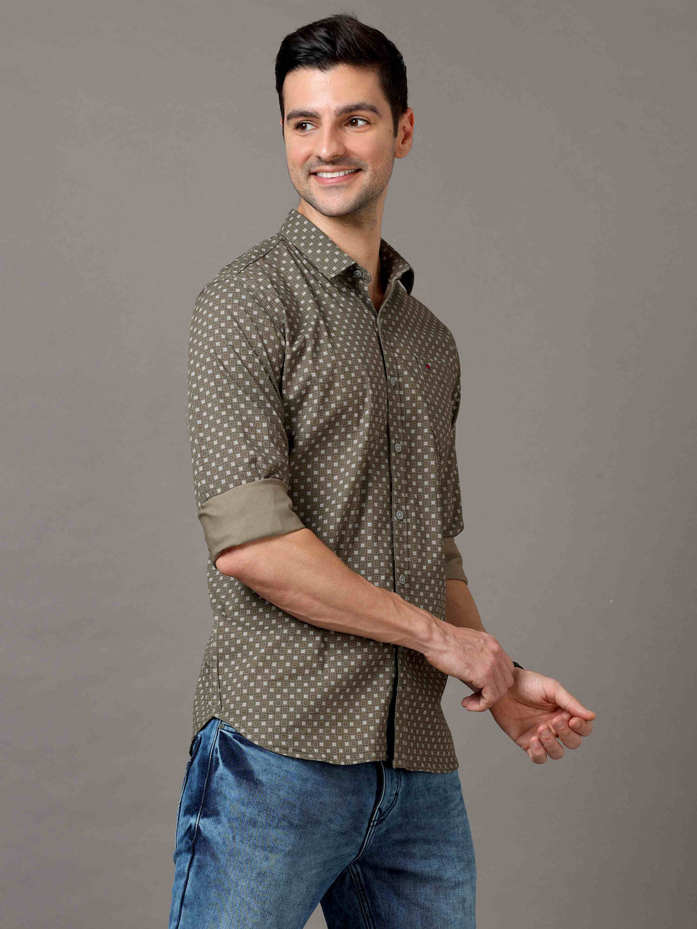 Men's Green Slim Fit Printed Full Sleeves Casual Shirts