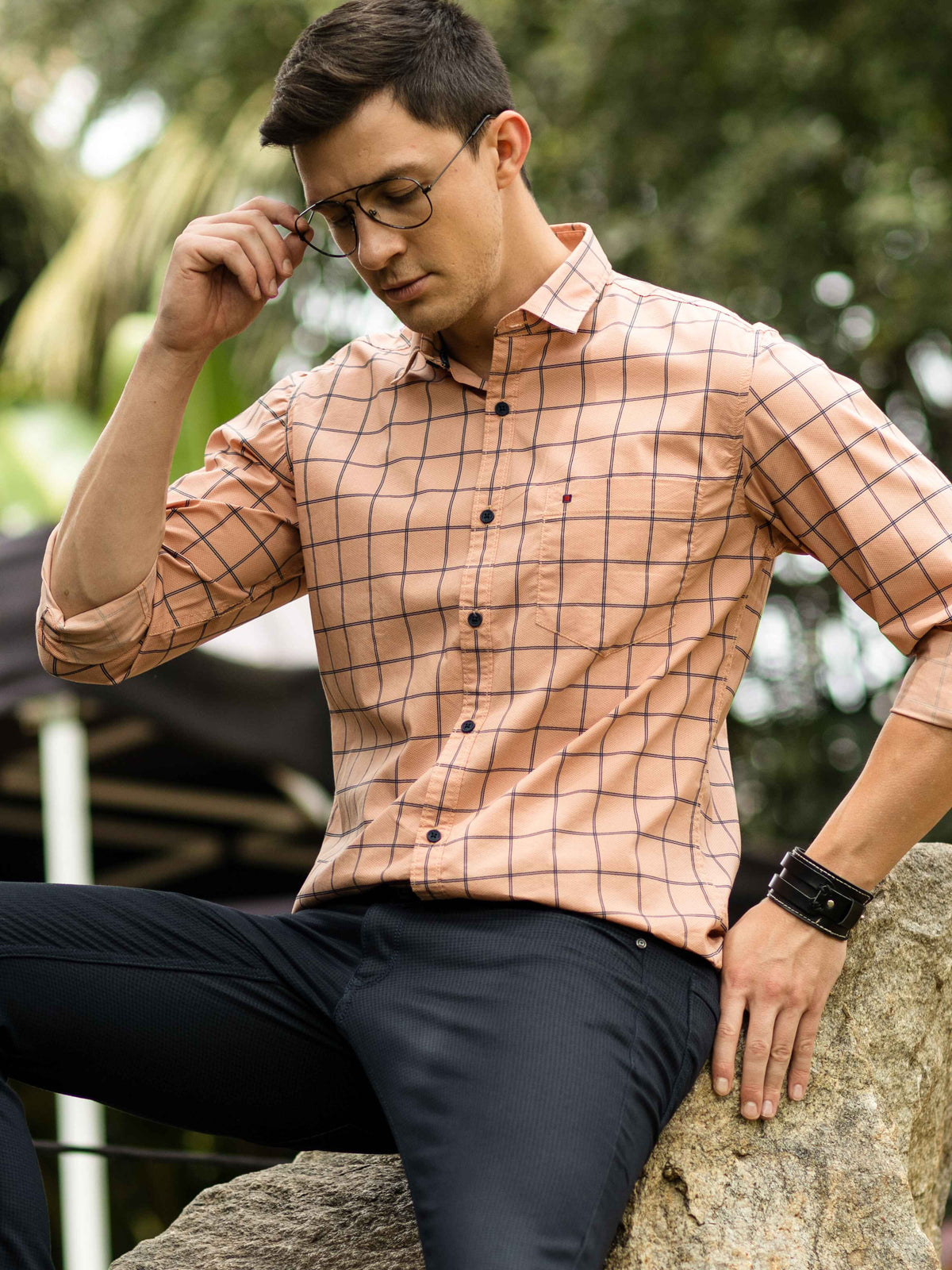 Men's Orange Slim Fit Checks Full Sleeves Casual Shirts